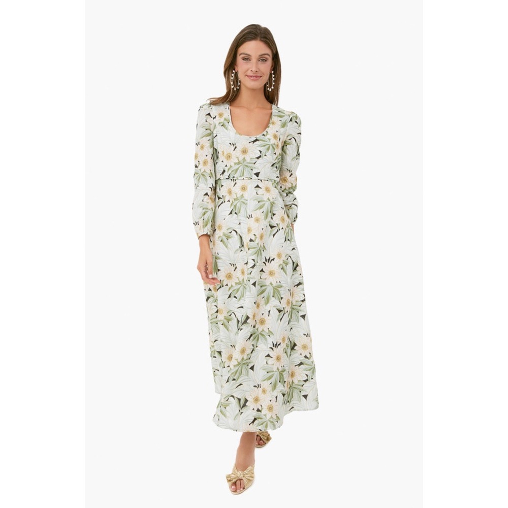 Tuckernuck White Floral Maxi Dress with Green Leaves and Yellow Accents